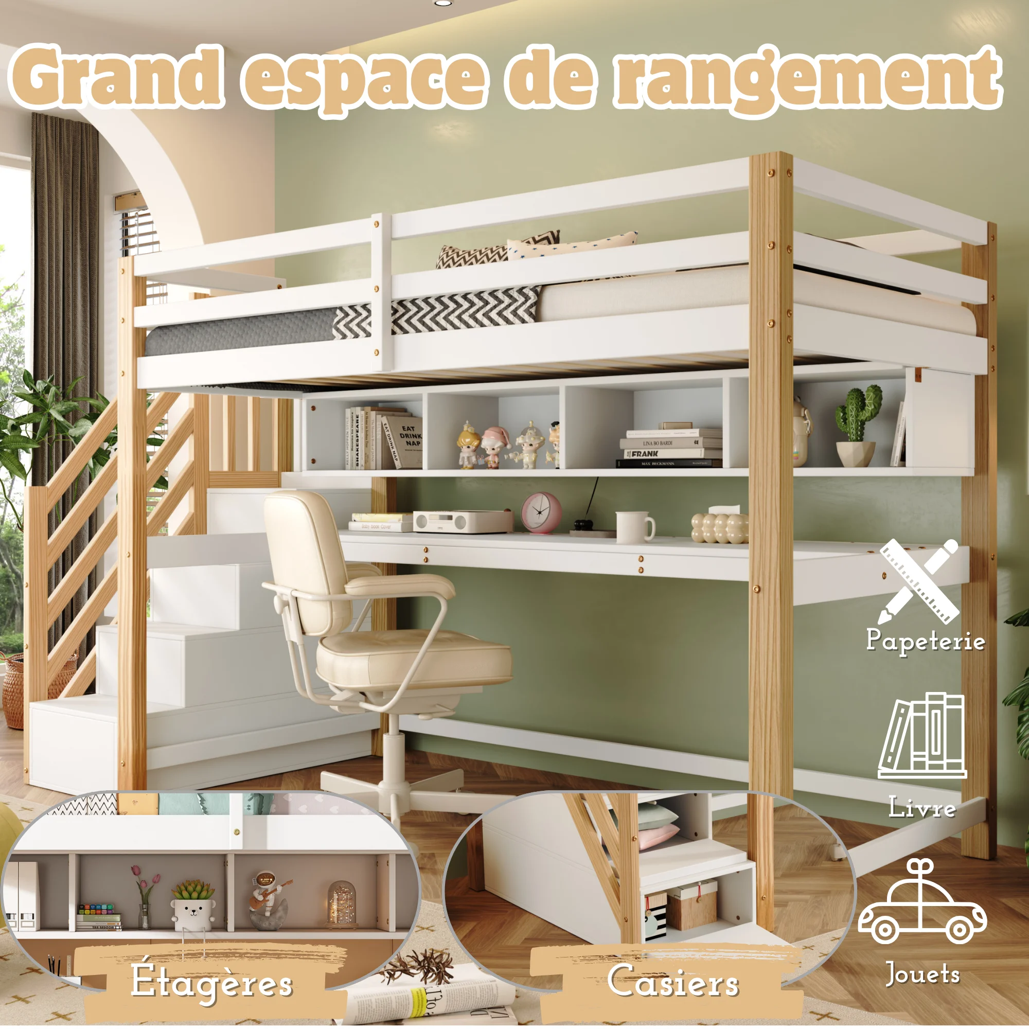 Letto per bambini letto alto con scale contenitore 90*200 cm, legno massello + MDF, letto a castello, letto per bambini con grande scrivania e ripiani,