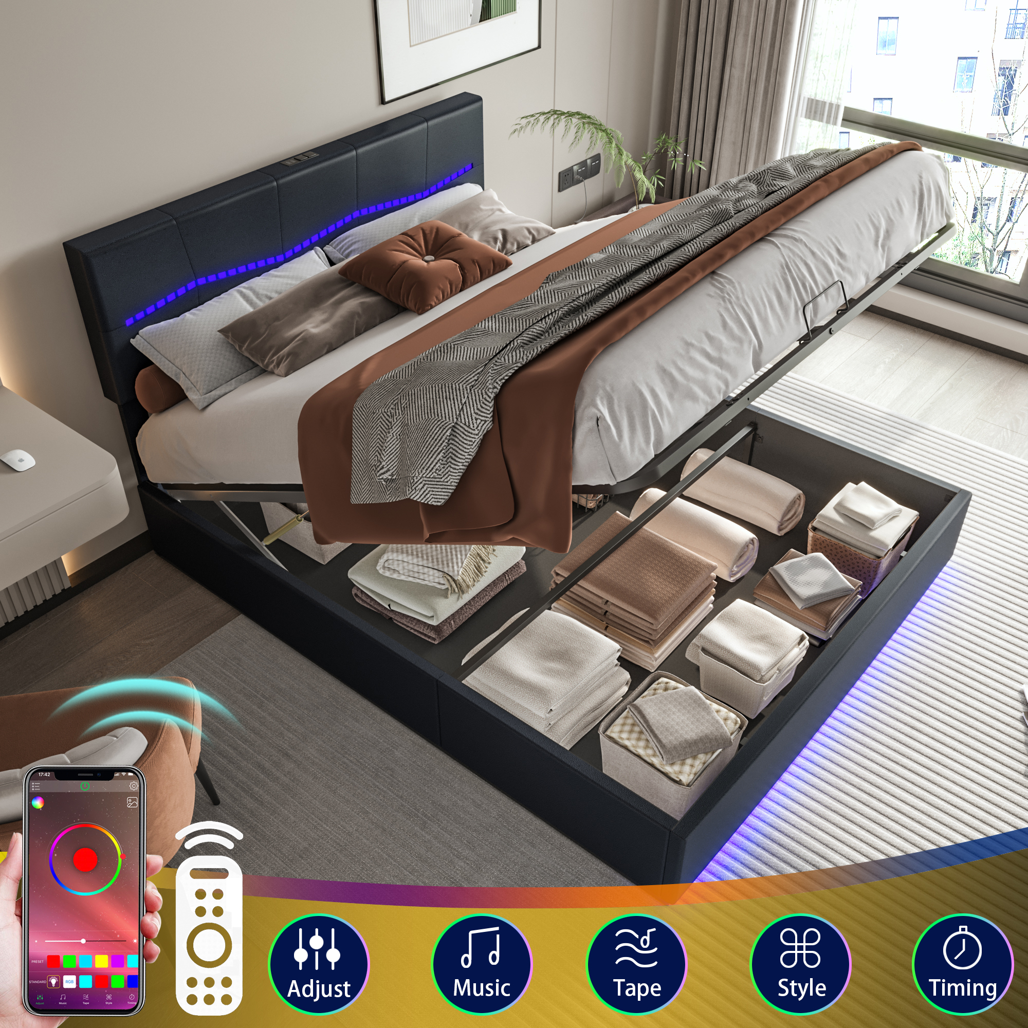 Doppelbett gepolstertes Hebebett mit LED-und USB-Anschlüssen Leder material - 140x200 cm-schwarz-ohne Matratze