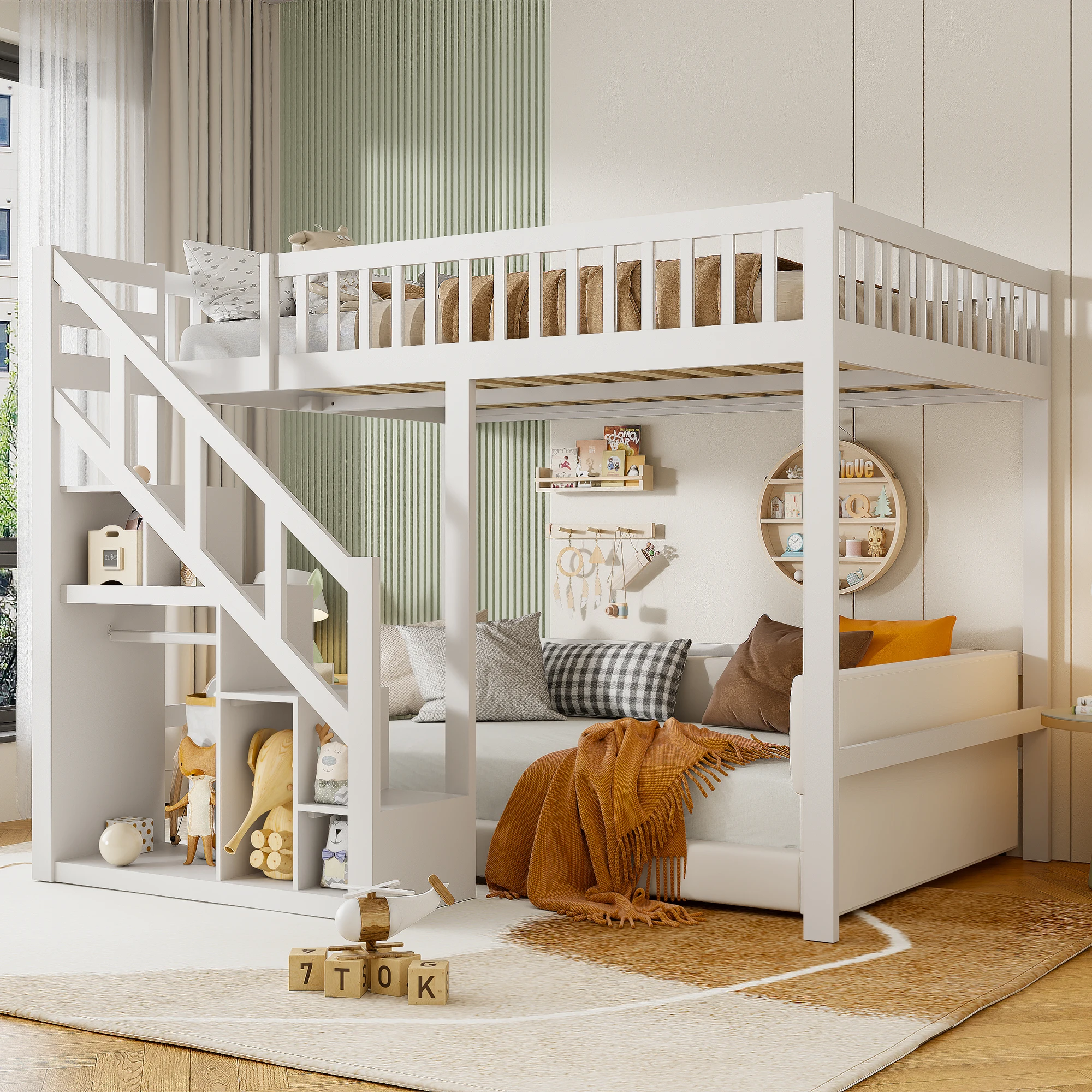Cama infantil de madera maciza, cama infantil de doble capa, con escalera y protección anticaída.
