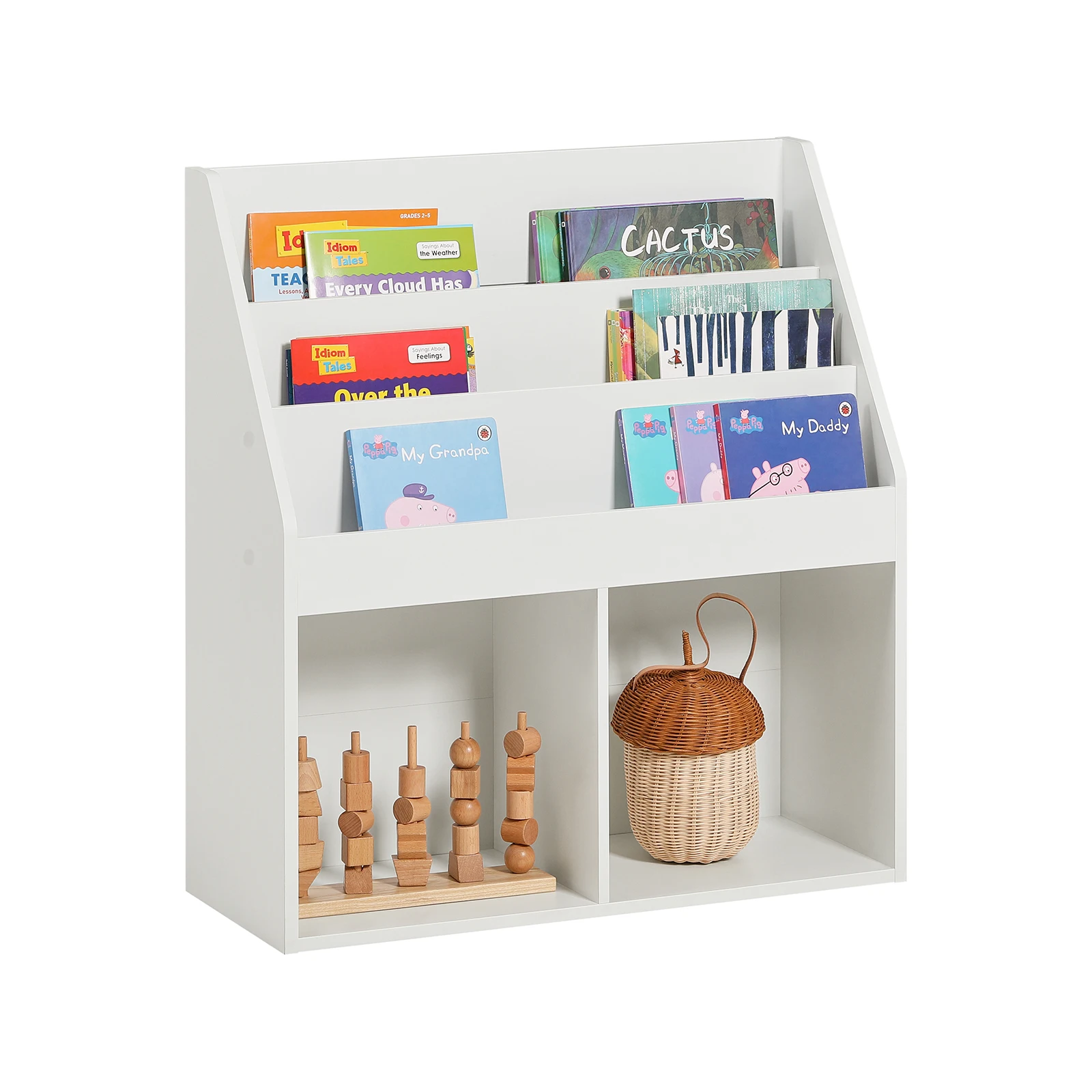 Prateleira infantil SoBuy KMB01-W com 3 compartimentos de armazenamento e 2 compartimentos abertos prateleira de armazenamento para jornal Branco