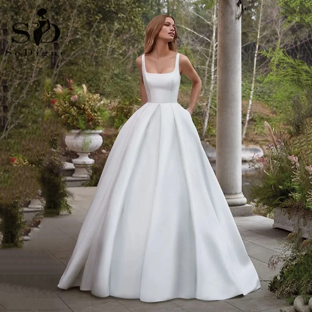 SoDigne Simple Wedding Gowns Elegant Satin A Line Bride Dress Spaghetti strap Backless Bridal Dress Wedding Dress Customized