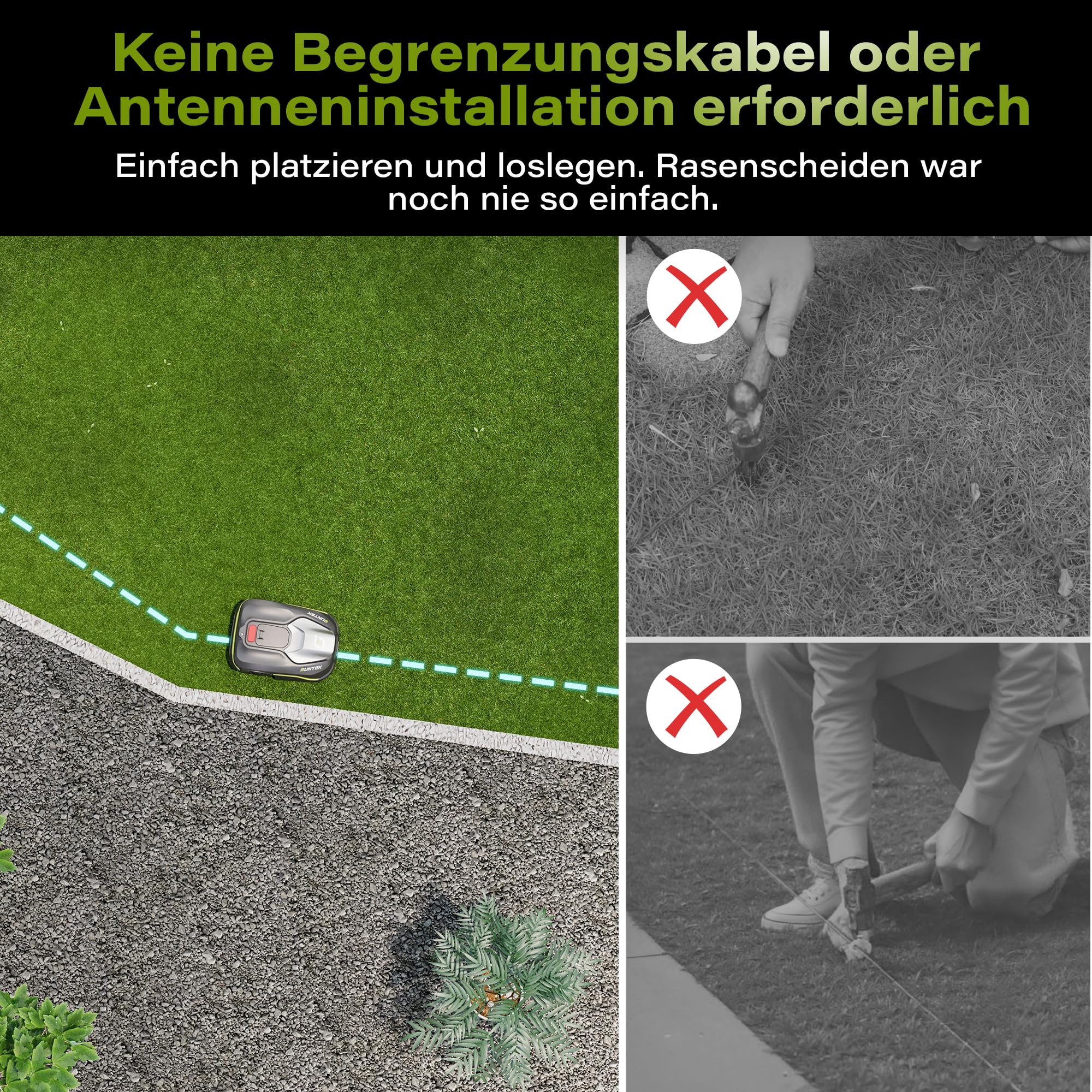 SUNTEK robotgrasmaaier zonder grensdraad AI Vision-camera, max. 600 m2, nauwkeurige obstakelvermijding, IPX5 waterbescherming,