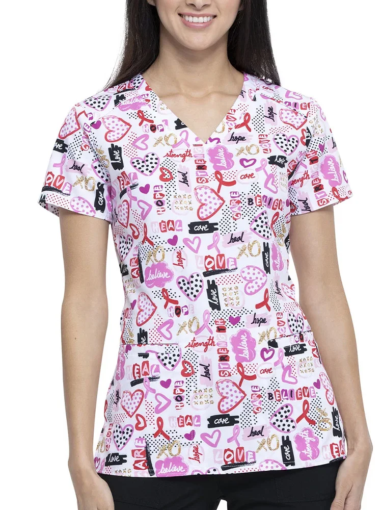 Love Print Scrubs Medizinische Uniformen für Damen Top Mate mit V-Ausschnitt, Dental Uniforme De Enfermera Camisa De Manga Corta Monos