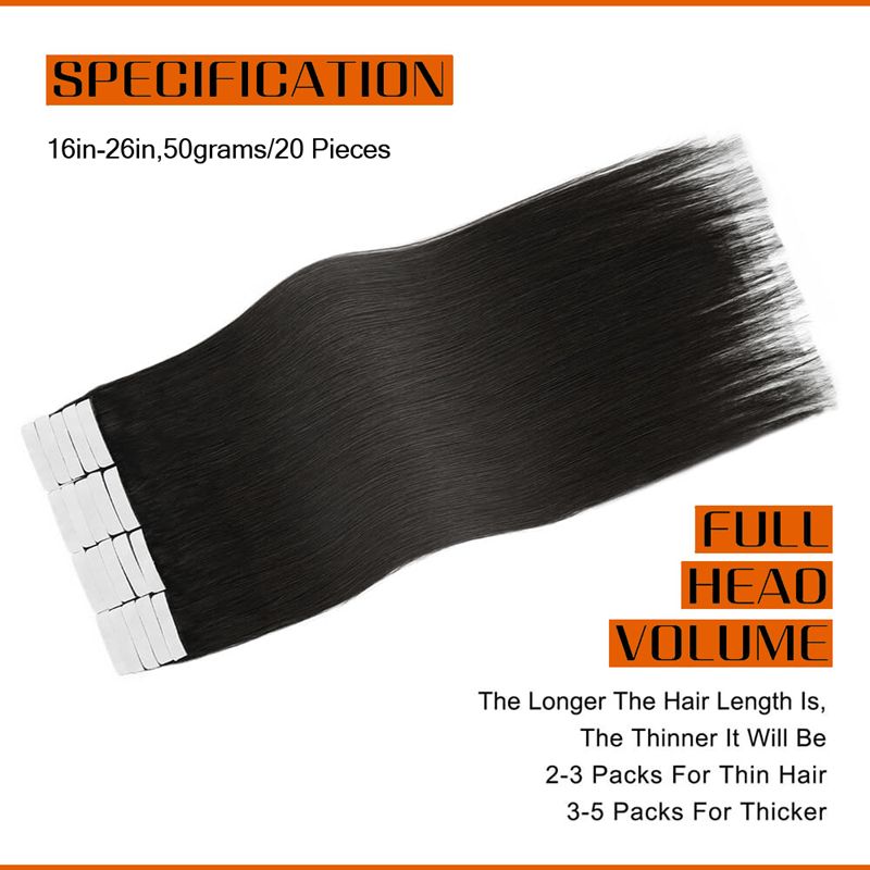 Bande droite dans les Extensions de cheveux cheveux humains 1B noir naturel 50G bande sans couture dans le ruban Invisible dans les Extensions de cheveux cheveux humains