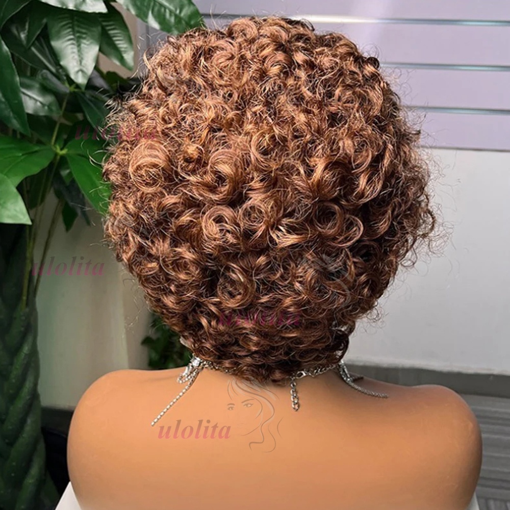 Ombre wenkbrauw 1B/4 Pixie krullende pruik 100% echt haar 13x4 kant frontaal kort krullend pruik transparant kant Pixie-cut Braziliaans remy-haar