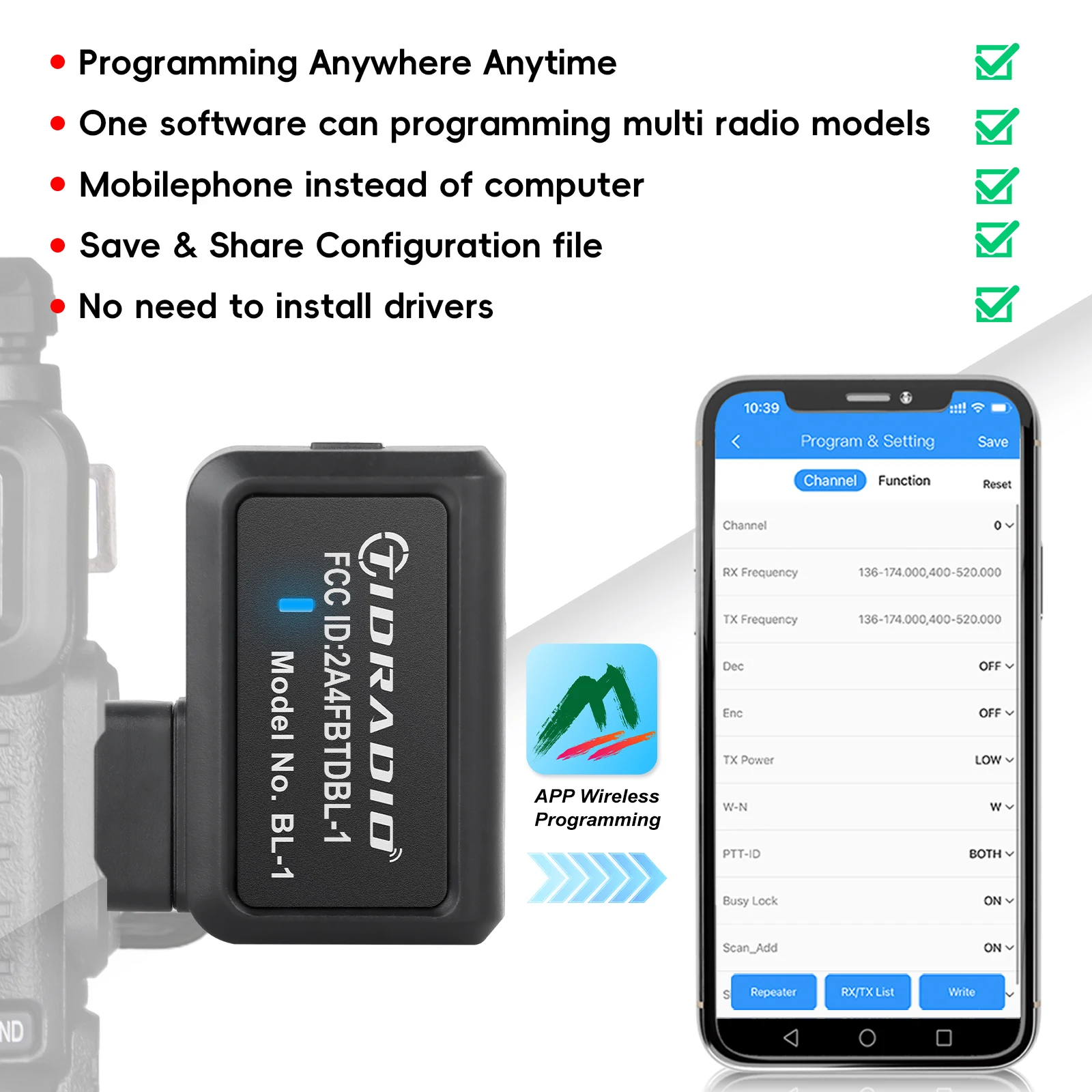 TIDRADIO Ham Radio Draadloze Programmeur Adapter APP & PC Programma voor Baofeng UV-5R en Meerdere Modellen Proeven In plaats van Programma