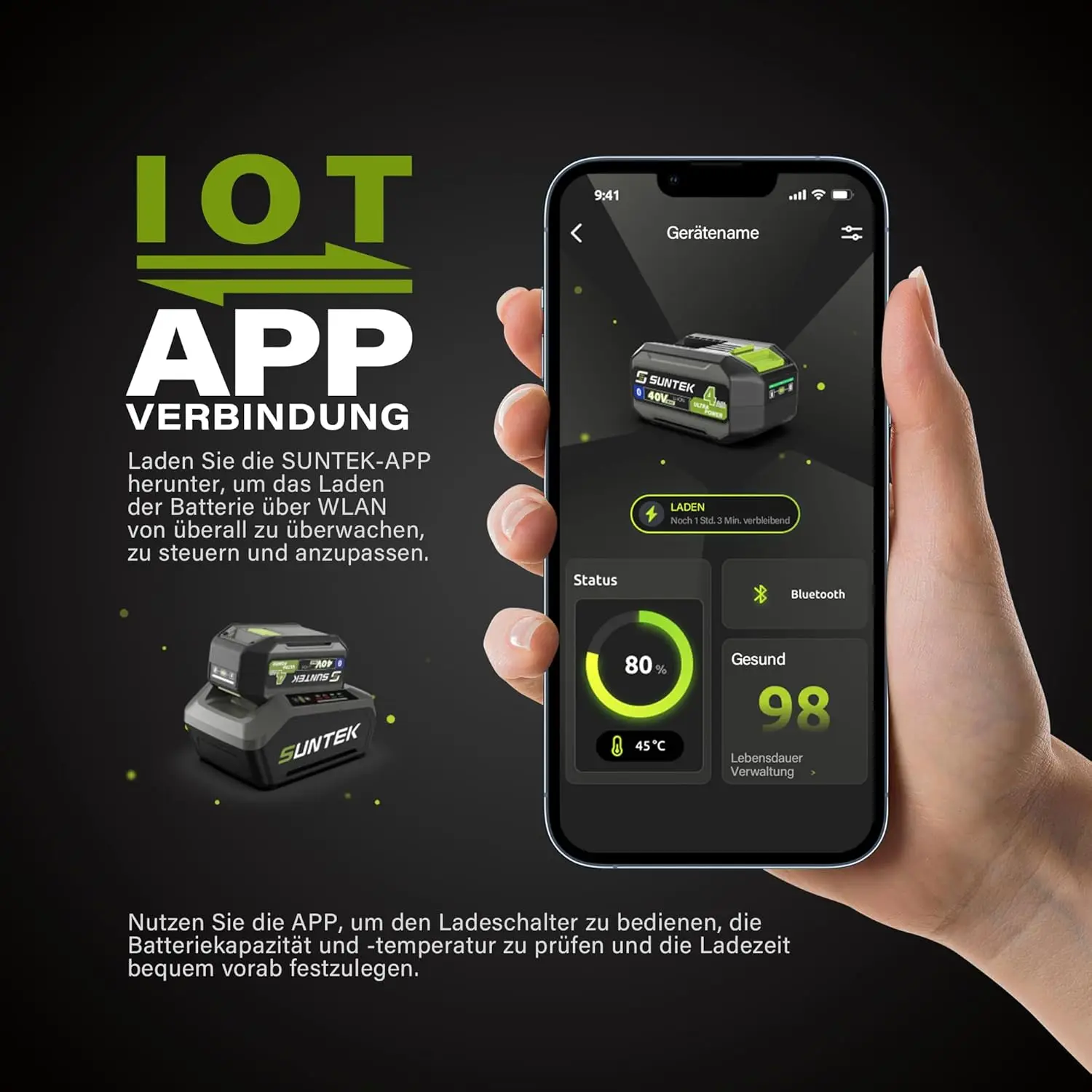Cortador de grama com bateria SUNTEK, cortador de grama manual sem escova Digi, bateria de íon de lítio de 4,0Ah e carregador rápido incluído, compatível com APP