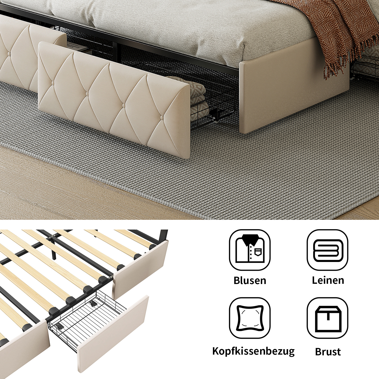 Rosahqnda Lit moderne en simili cuir avec tiroirs, lit double élégant en simili cuir avec rangement, sans matelas
