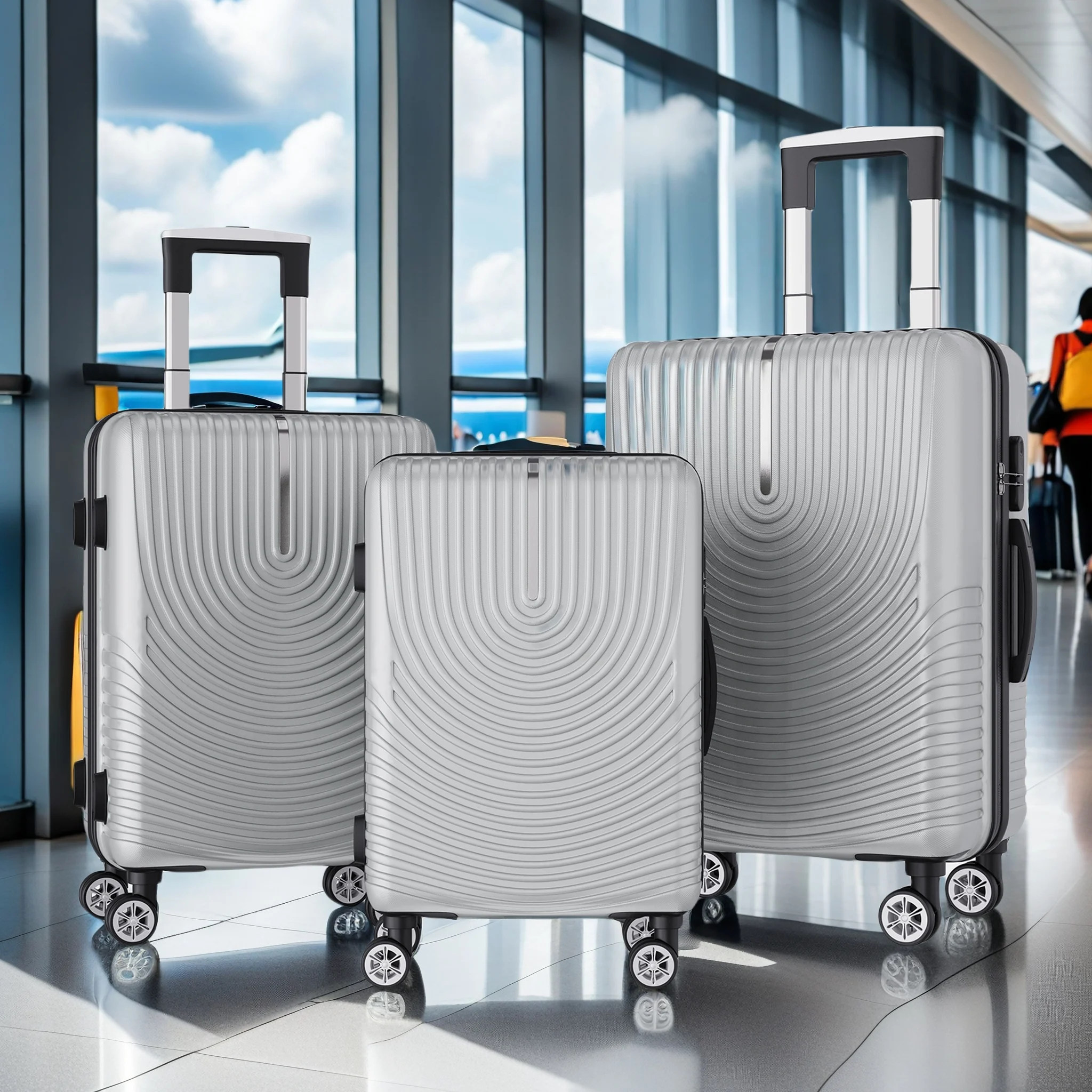 Anajqaqia 3-teiliges Reisekoffer-Set mit Rollen und Schloss, Hartschalen-Trolley, Teleskopgriff, M, L, XL, Silber