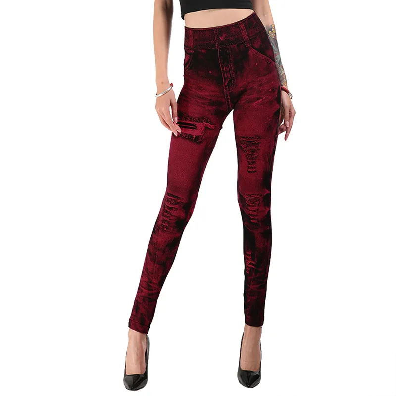 ผู้หญิงเลียนแบบกางเกงยีนส์ยืดกางเกงขายาวแฟชั่นเซ็กซี่ Slim Push Up Lady GYM Leggings Causal Simple High เอว Streetwear Leggings