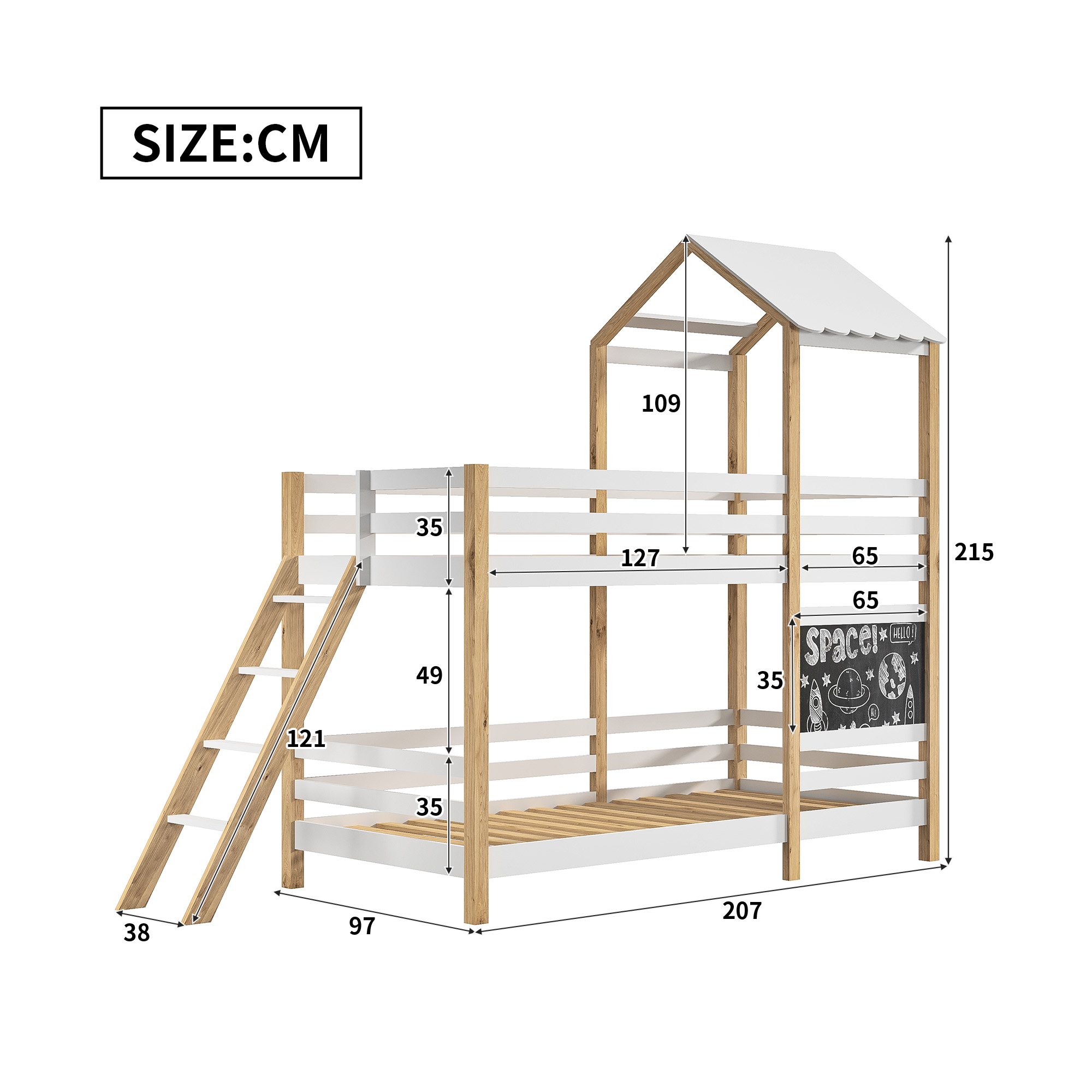 Lit double 90x200cm avec escaliers et tableau noir, lit avec clôture, lit avec toit design enfant, lit mezzanine enfant - blanc
