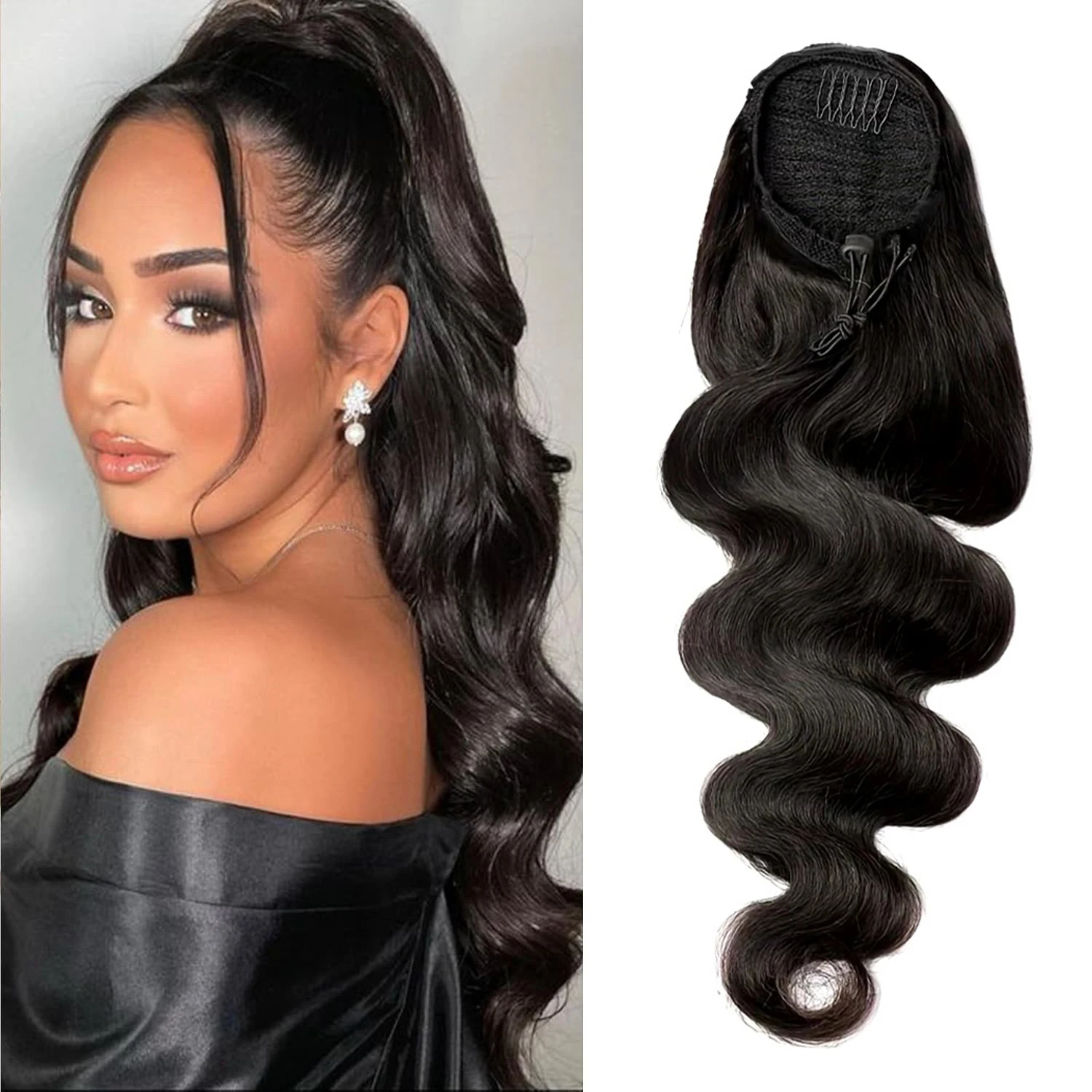 Onda do corpo cordão rabo de cavalo natural preto brasileiro 100% cabelo humano real rabo de cavalo clipe no cabelo extensões de rabo de cavalo para mulher