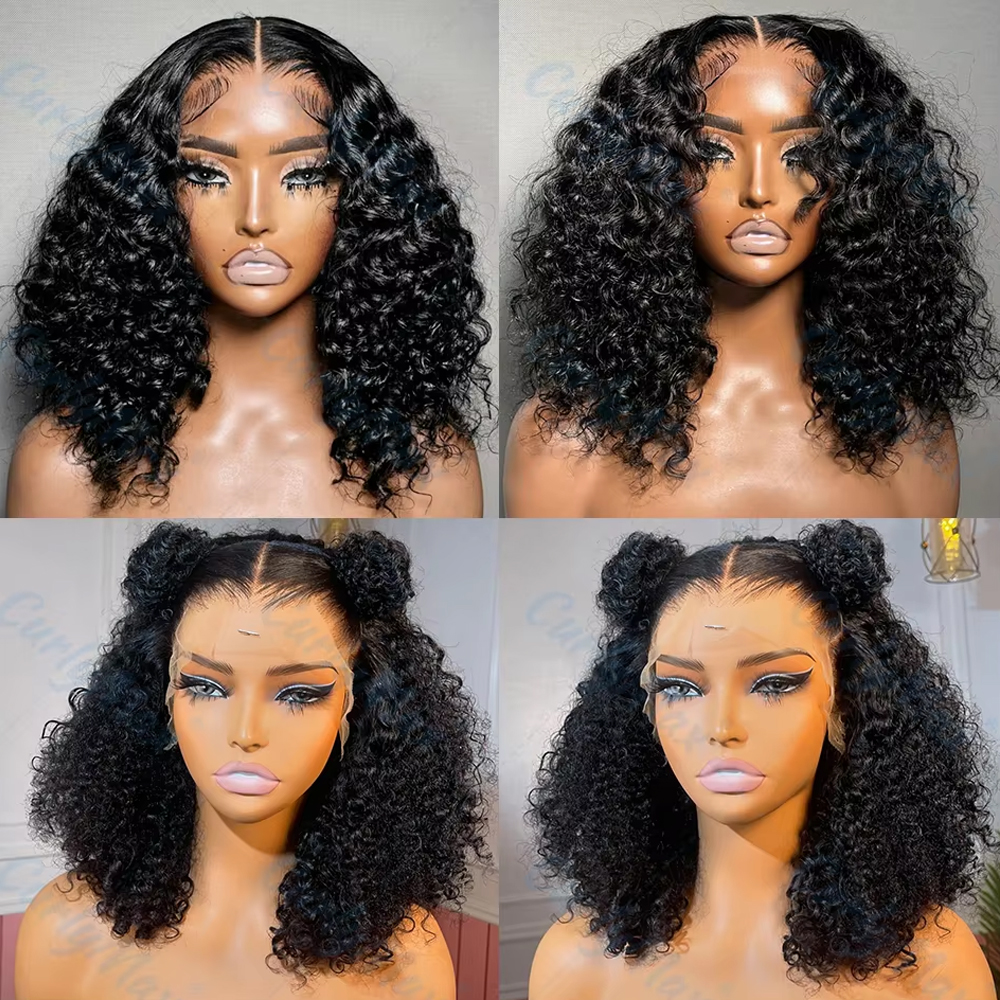ボブウィッグボブボブウィッグショートウォーターカーリーウィッグブラジル,フロントレース,100ナチュラルヘア,4x4,透明レース,ディープウェーブ,女性用