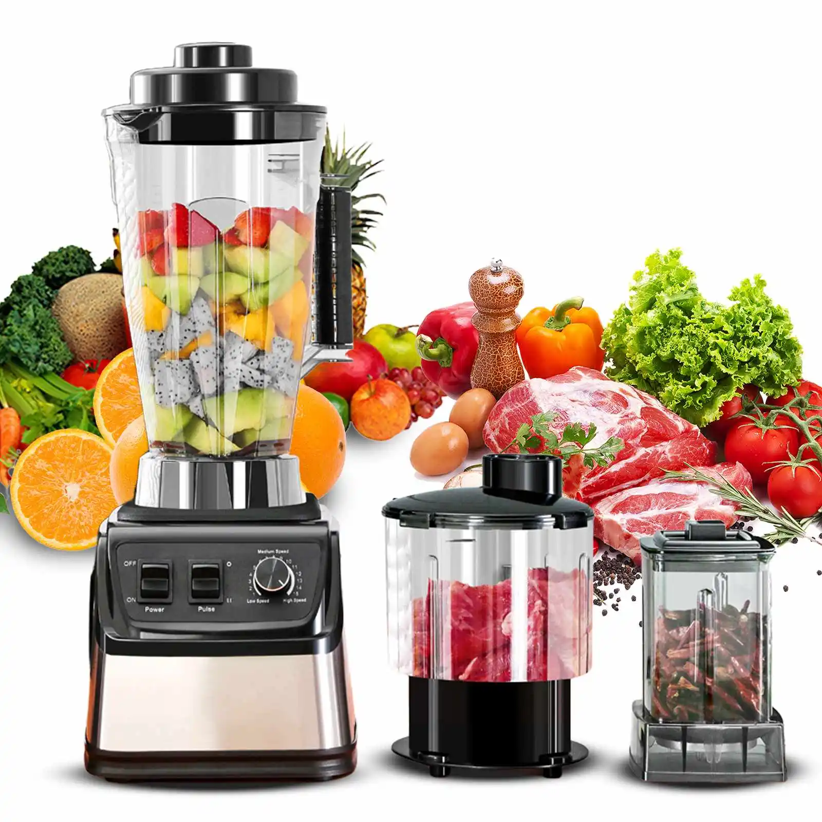 Licuadora eléctrica 3 en 1 de 9500W, exprimidor de batidos, 3L + 1.5L + 0.5L, procesador de alimentos de 3 contenedores, licuadora para hielo, nueces y frutas