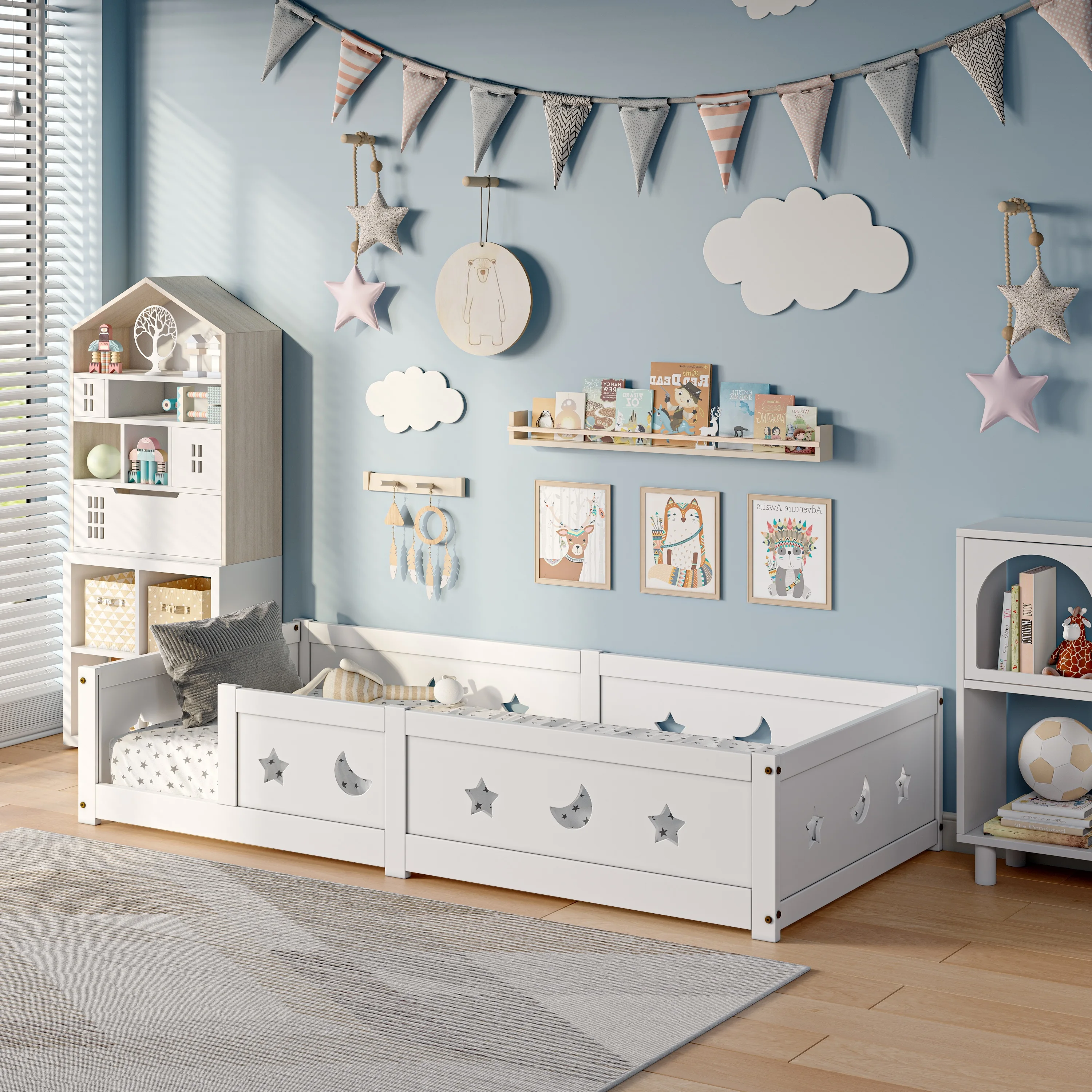 Łóżko dziecięce RosahqndaKids Collective Montessori 90x200 cm z zabezpieczeniem przed upadkiem i ramą do zjeżdżania, łóżko pojedyncze 140x200 cm 120x200 cm