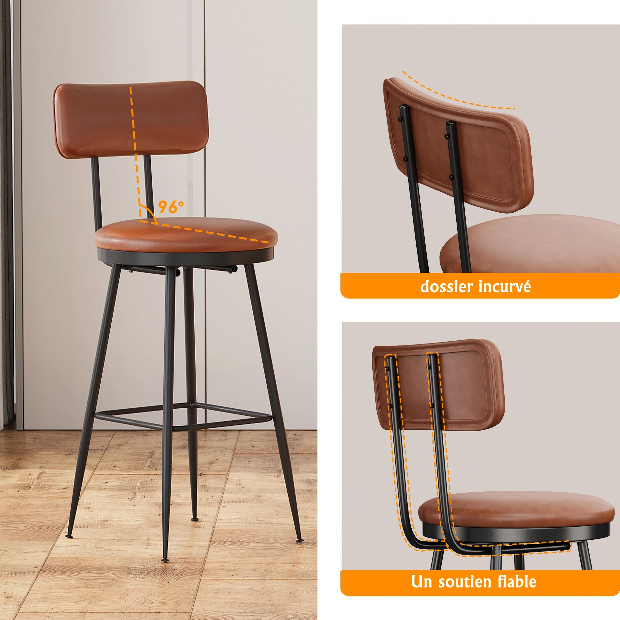 UrbanLuxe Barhocker (2er-Set) mit Rückenlehne, Metallgestell, Esszimmerstuhl, Küchenstuhl, PU-Leder, Braun