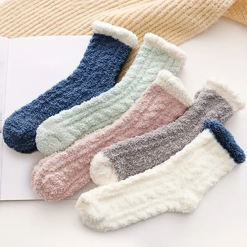 5 pares de calcetines gruesos de lana color coral para mujer, calcetines de invierno cómodos y cálidos de manga media, calcetines de suelo