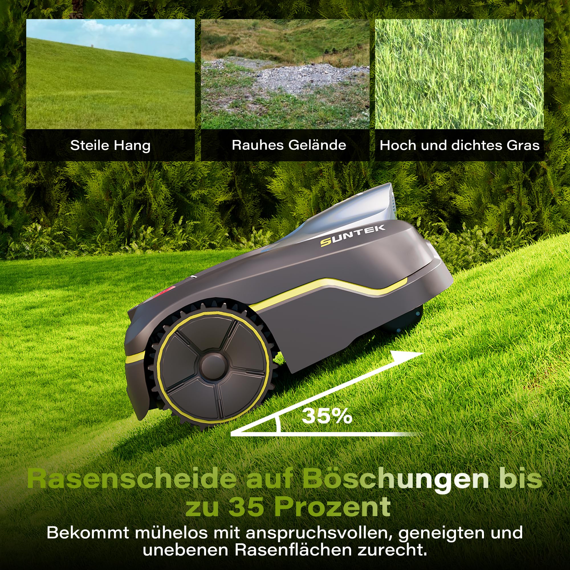 SUNTEK robotgrasmaaier zonder grensdraad AI Vision-camera, max. 600 m2, nauwkeurige obstakelvermijding, IPX5 waterbescherming,