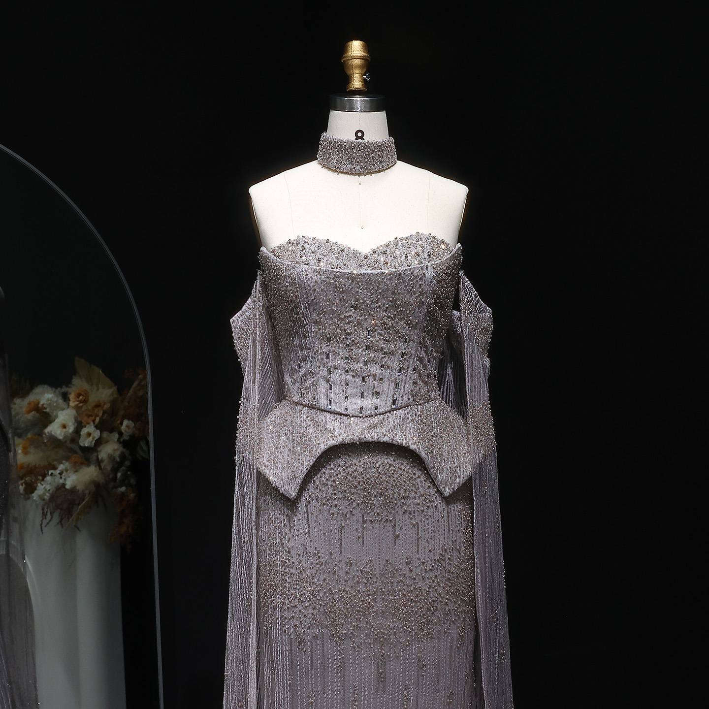 Sharon Said Luxury Grey Crystal Evening Dress with Flowing Sleeves 2025 Elegant Off-Shoulder Wedding Party Gown SS558 Customized
