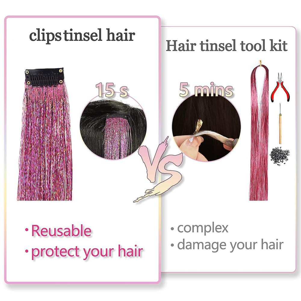 5 unidades/pacote brilho extensões de cabelo clipe em arco-íris brilhante brilho cabelo enfeites resistente ao calor brilho extensões de cabelo para tranças