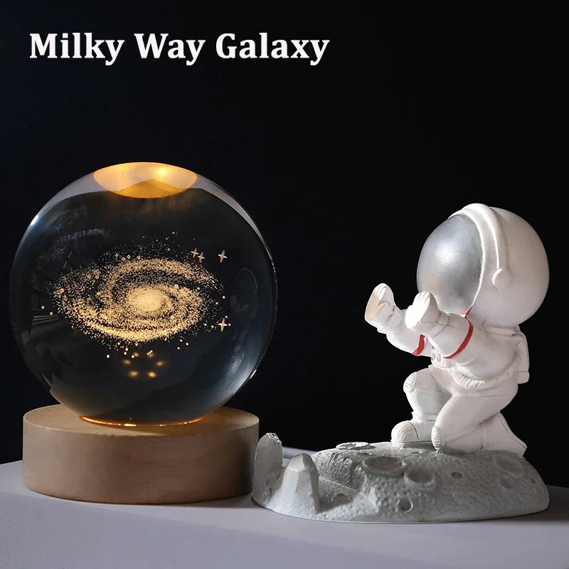 6cm 3D Crystal Ball Glass Ball Planet Earth Wooden Base Solar System Galaxy Astronomy Birthday Gift Home Desktop Decoration