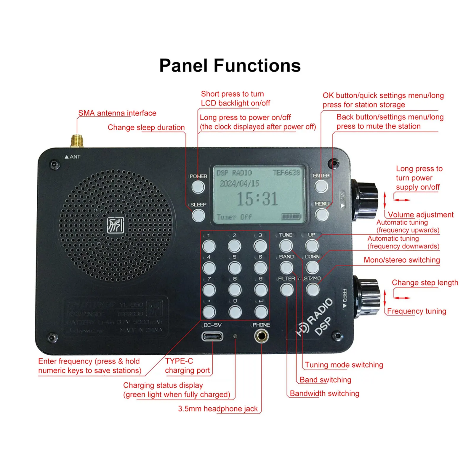 HamGeek TEF6638 DSP Vollbandradio Digitales Tuning-Radio YL-550 FM/LW/MW/SW DSP-Empfänger mit Bildschirm