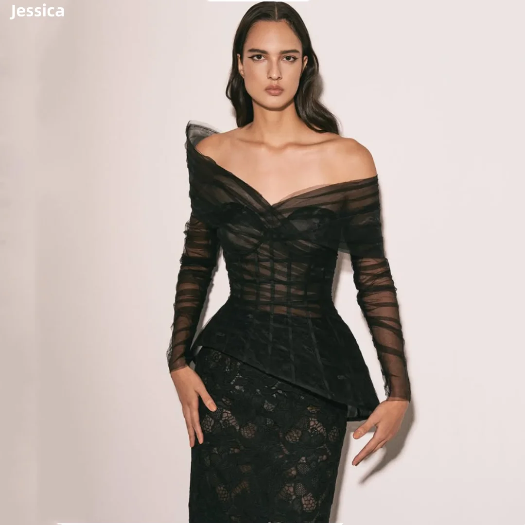 Jessica czarne suknie wieczorowe tiulowe koronkowe długie rękawy suknie balowe do kostek eleganckie damskie Vestidos De Fiesta dostosowane