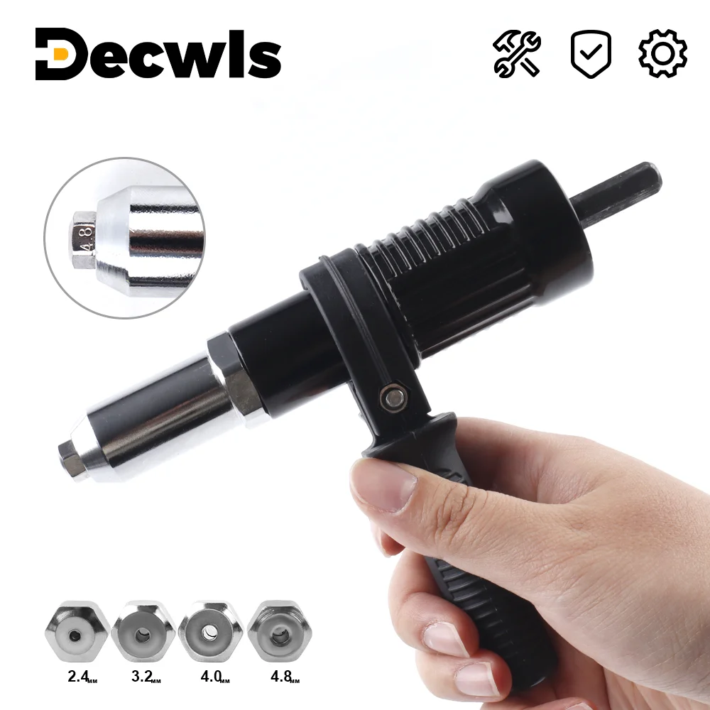 Adaptador de pistola de rebite elétrica, cabeça de conversão de 2,4-4,8 mm para ferramentas de rebitagem sem fios, ideal para projetos DIY, ferramenta de pistola de rebite com eixo sextavado