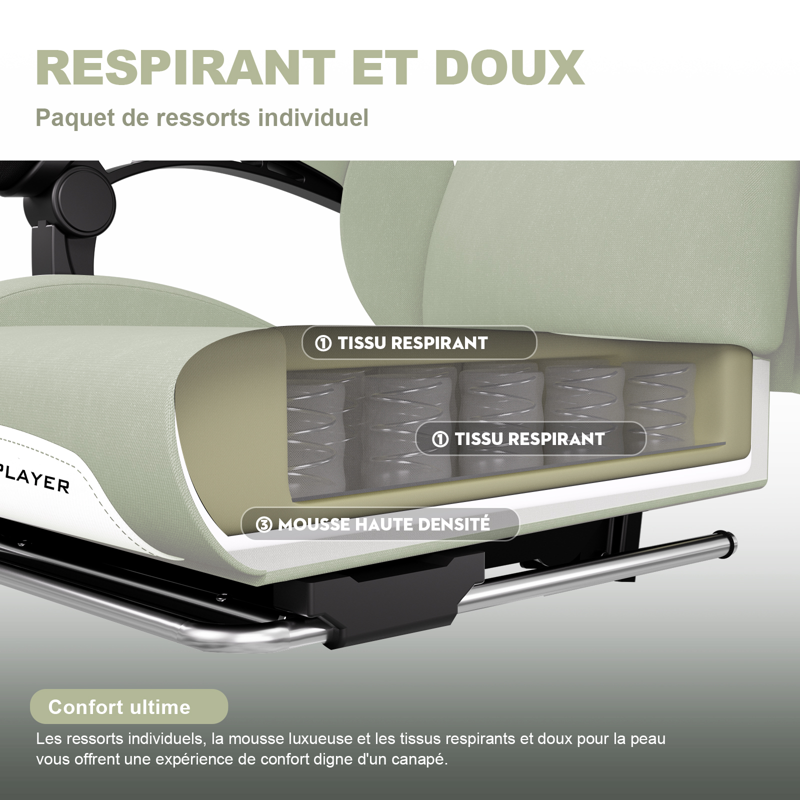 Chaise de jeu GTPLAYER, chaise de jeu, chaise de bureau respirante en tissu de haute qualité, chaise PC ergonomique, chaise de bureau réglable et rotative avec repose-pieds