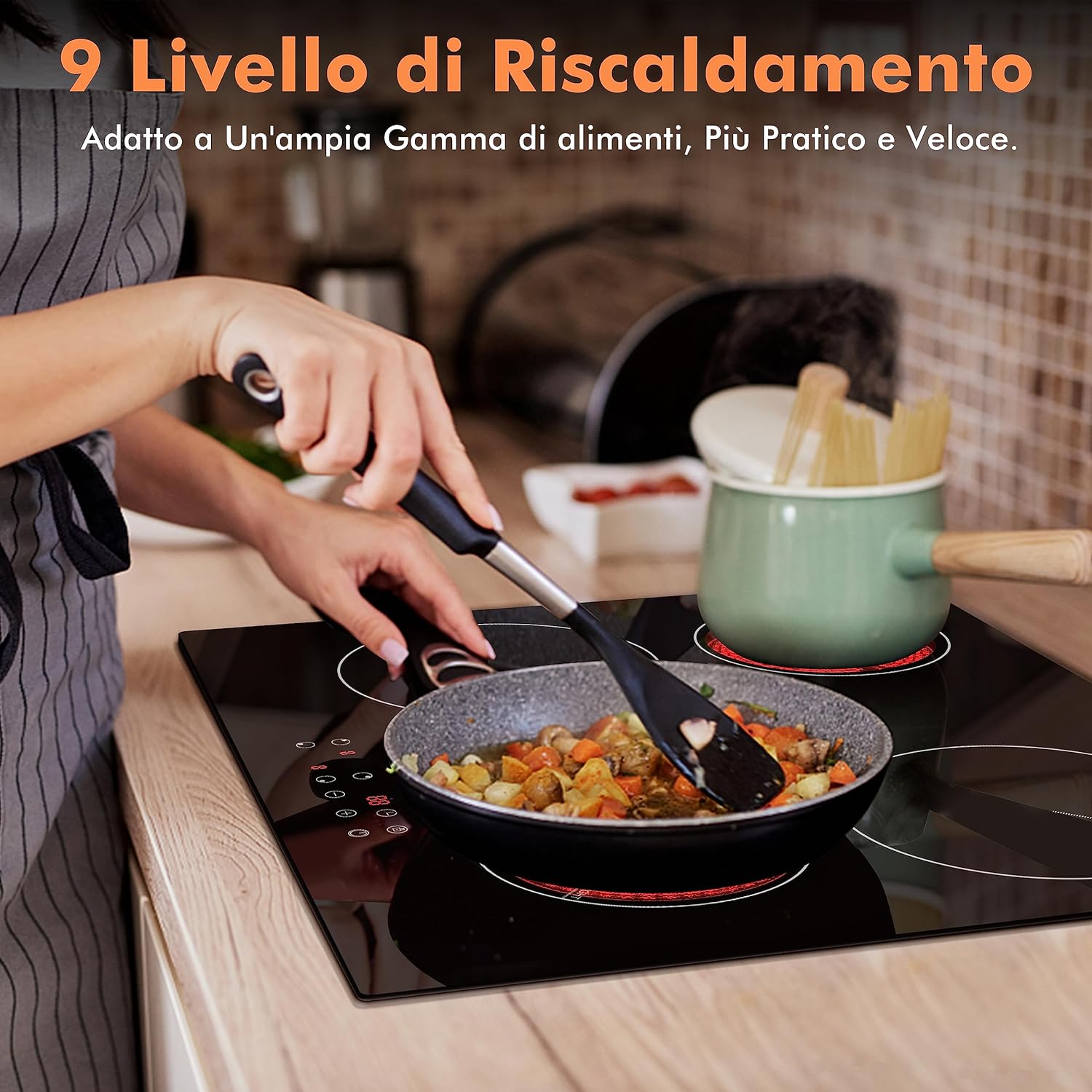 Keramikkochfeld 60 cm, Karinear Keramikglaskochfeld 4 Zonen, 6000 W eingebaut, 220–240 V, kein Stecker, Sicherheitsschloss, Timer, Touch-Steuerung