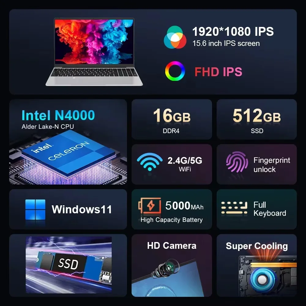 Computer portatile da 15.6 ''Windows 11 Intel Celeron N4000 16GB DDR4 1TB 2TB SSD Office Study Gaming Notebook Fingerprint Laptop PC