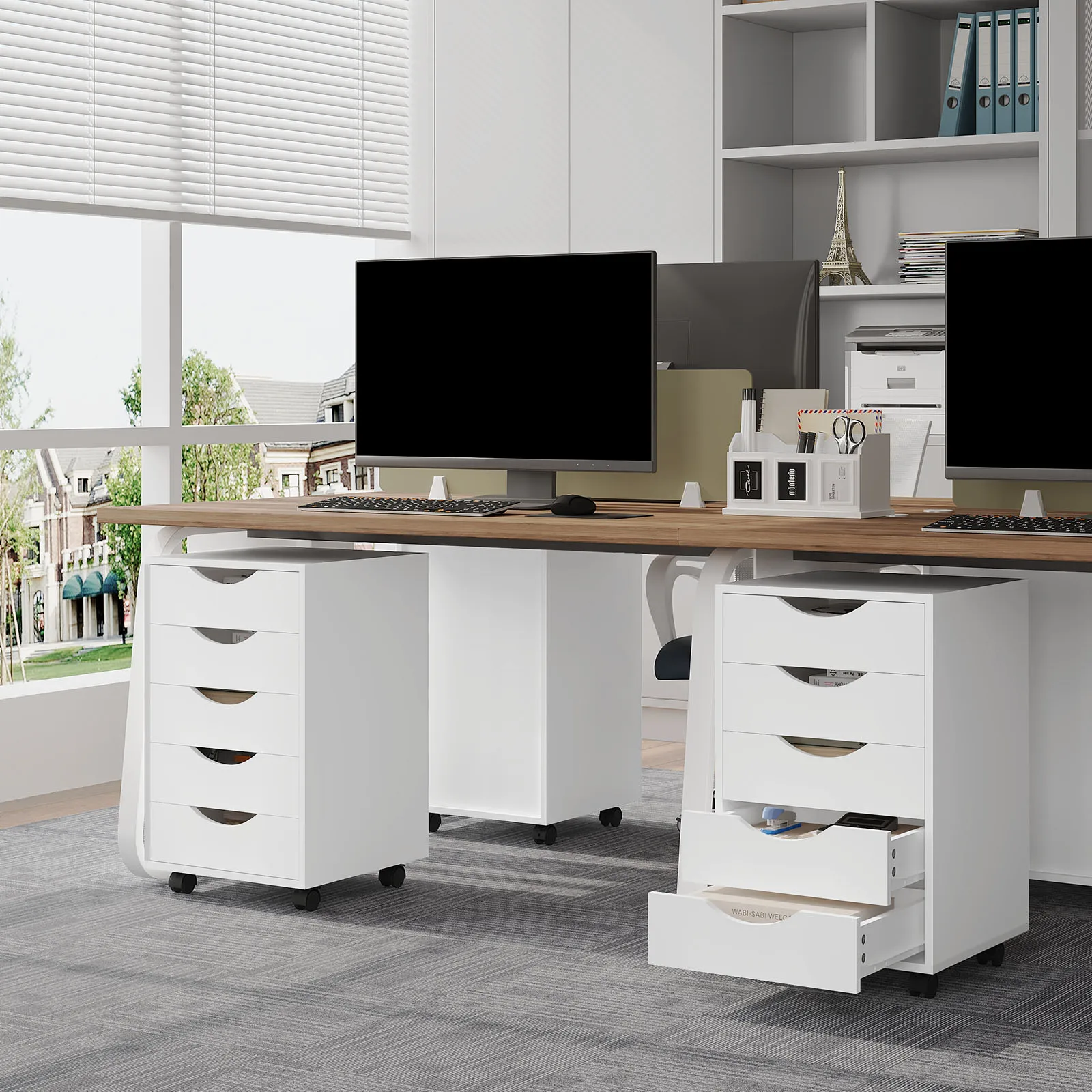 WOLTU Contenitore da ufficio bianco con contenitore a rotelle con 5 cassetti Ruote Schedario mobile Armadietto base da scrivania per riporre l'ufficio