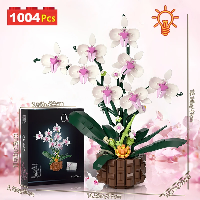 Kit de blocos de construção de orquídea bonsai botânico decoração de escritório em casa brinquedos florais artificiais conjunto de luz led para crianças meninas ideia de natal