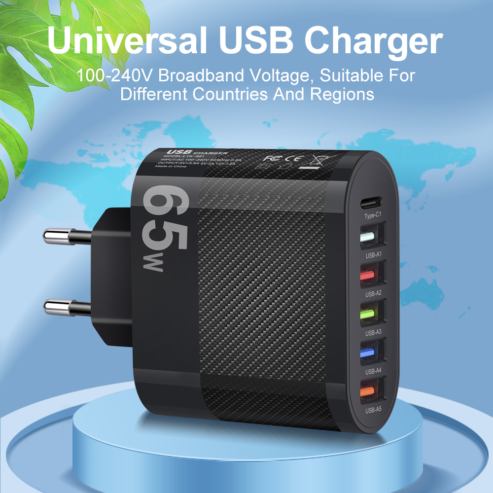 USB 65W 6พอร์ตชาร์จเร็วอะแดปเตอร์ชาร์จโทรศัพท์มือถือ USB Type C สำหรับ iPhone Samsung Xiaomi Huawei ที่ชาร์จติดผนัง