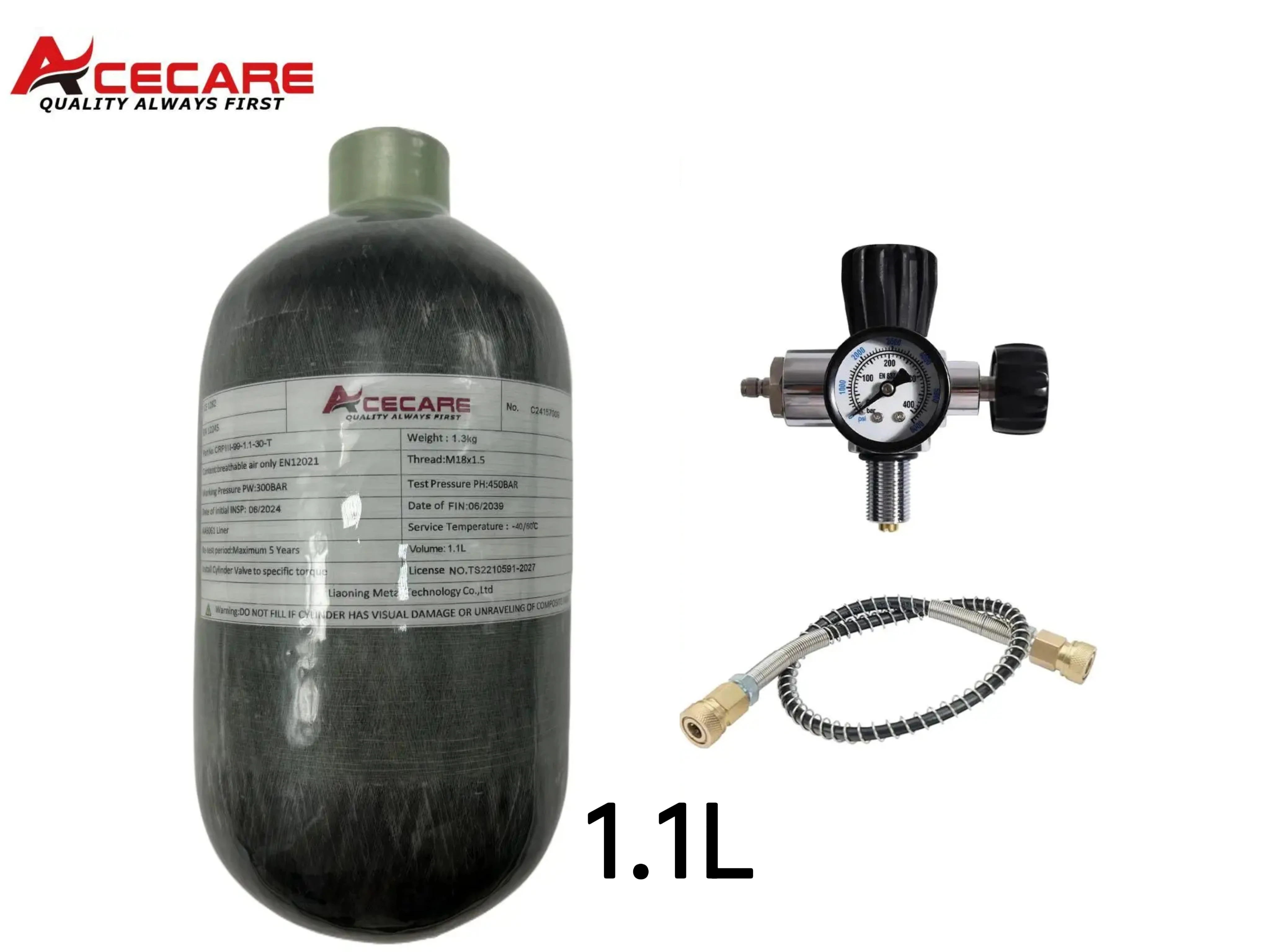 ACECARE 1.1L Carbon Fiber Cylinder with Regulating Valve HPA Tank 300Bar 4500psi High Pressure Bottle Scuba Diving M18*1.5