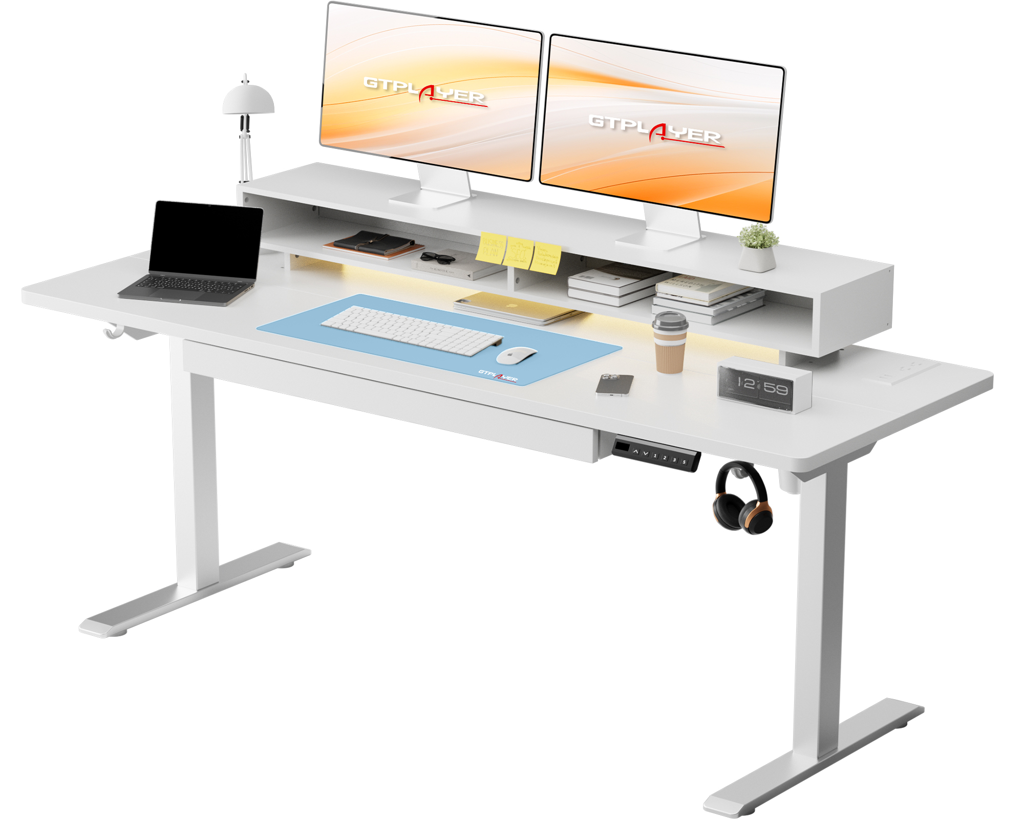GTPLAYER Biurko Regulowane Elektrycznie 120x60 cm z Szufladami i Podstawką pod Monitor Biurko do Biura i Gier Białe