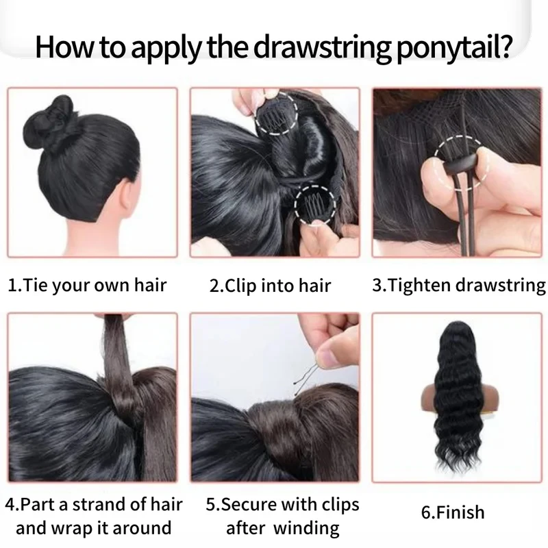 Extensions de cheveux humains queue de cheval de cordon de vague de corps 10-26 pouces pince en Extensions de cheveux humains brésiliens bouclés pour les femmes # 1B