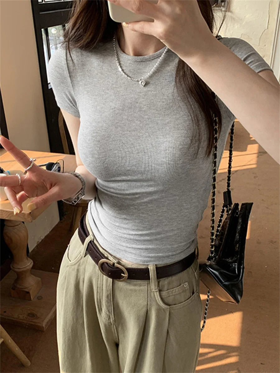 Basic Solid Crop Top Kurzarm Crewneck Skinny T-shirt Sommer Casual Tee für Frauen y2k Vintage Top Harajuku Streetwear