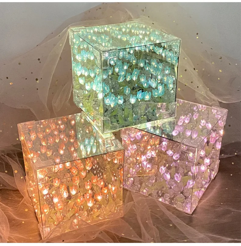 Paquete de Material de mar de flor de tulipán DIY, luz nocturna, cubo mágico, espejo, atmósfera, luz nocturna, Festival transparente octogonal