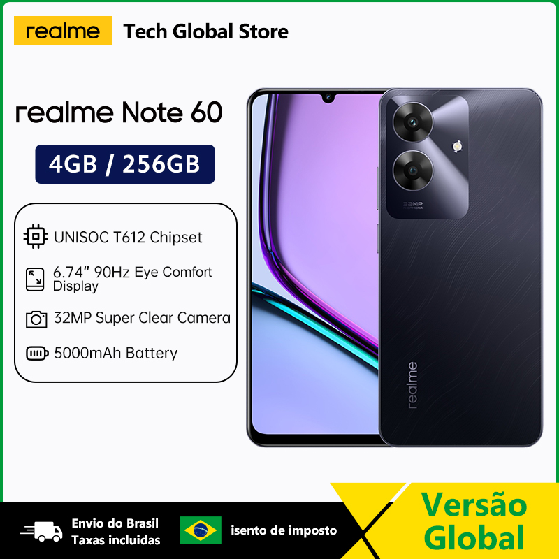 Realme Note 60 Smartphone 4GB 256GB UNISOC T612 Processador 32MP Câmera 6.74 "90Hz Display IP64 À Prova D 'Água 5000mAh Bateria