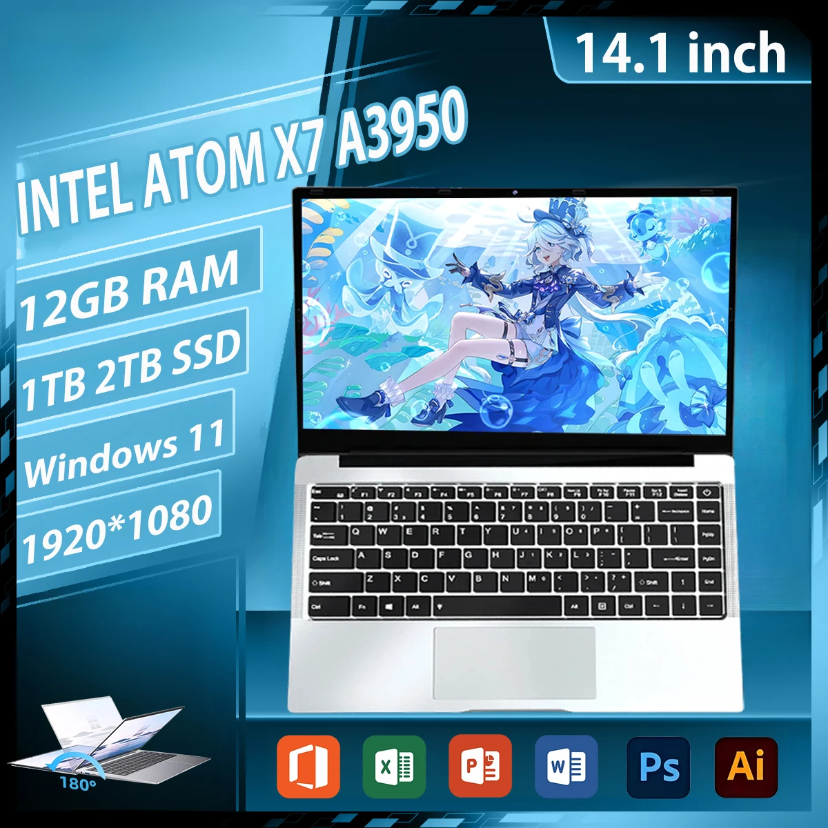 NOWY ultracienki laptop 14,1 cala, 12 GB RAM, 2 TB SSD, Intel Atom x7 A3950, notebook dla graczy, Windows 11, wyświetlacz 1920*1080, komputer PC do biura i nauki