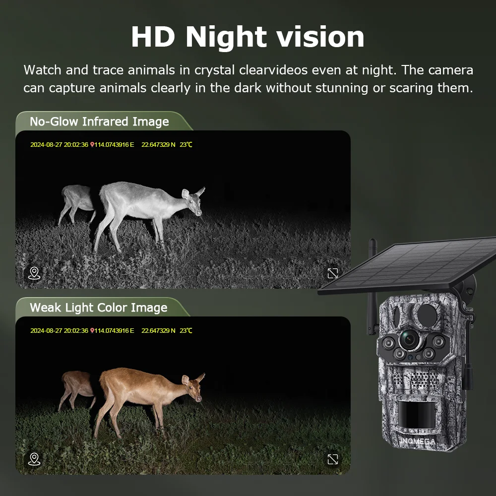 INQMEGA4G 2K 5MP PIR Motion Activated  Trigger Time Night Vision IP66 Hunting Trail Wildlife Battery Solar Camera Forest