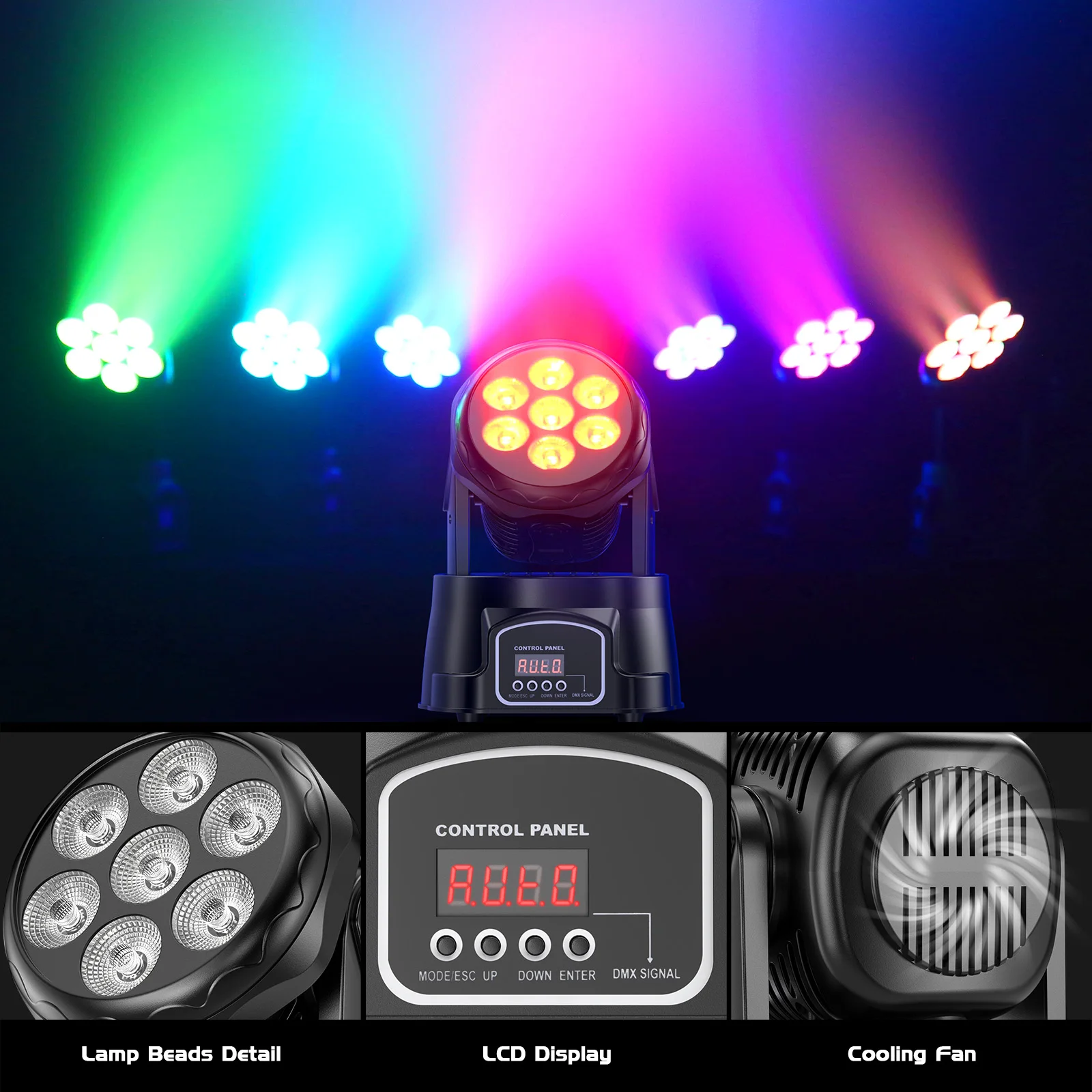 7x15W LED Moving Head Light 4 IN 1 RGBW Professional Stage Effect Wash Light for Disco DJ Party Music Dance Club 9/14CH DMX512