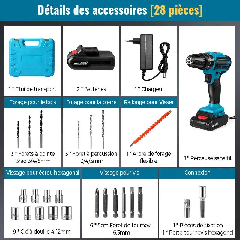 Perceuse à percussion sans fil 28V, tournevis multifonctionnel, perceuse électrique Rechargeable, batterie au Lithium, vitesse 1350 tr/min, outil électrique