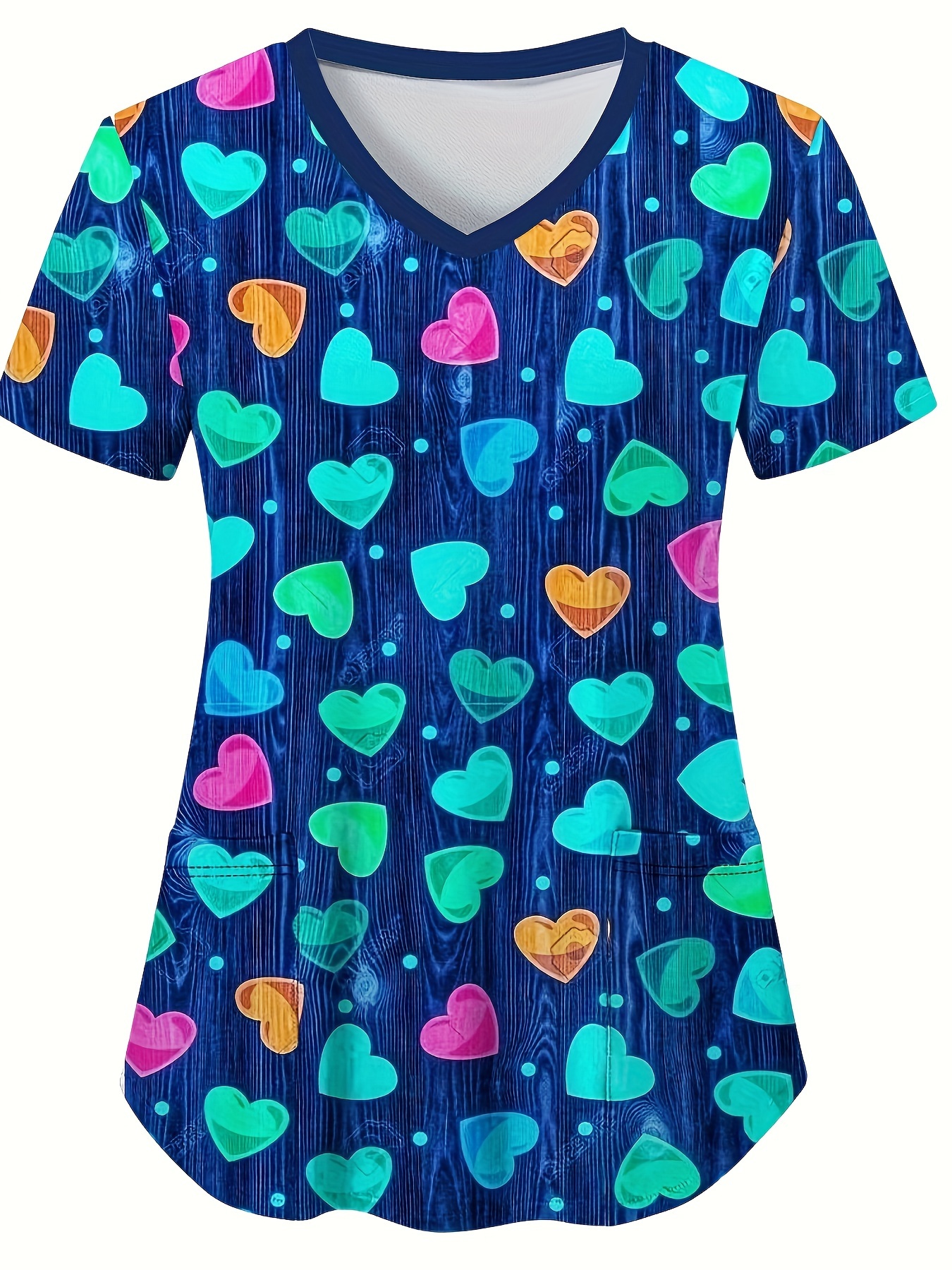 Impressão em coração com decote em v uniforme médico elástico para mulheres, casual, manga curta, bolsos remendados, tops