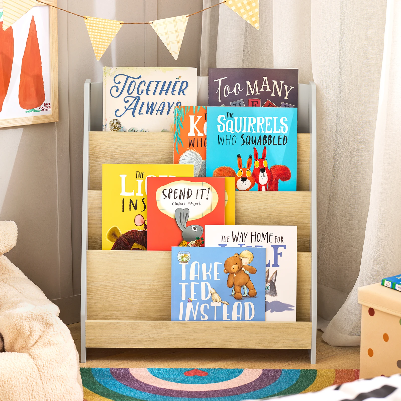 SoBuy KMB106-HG Scaffale per bambini Scaffale per bambini Supporto per giornali con 4 ripiani Scaffale per bambini Scaffale per libri