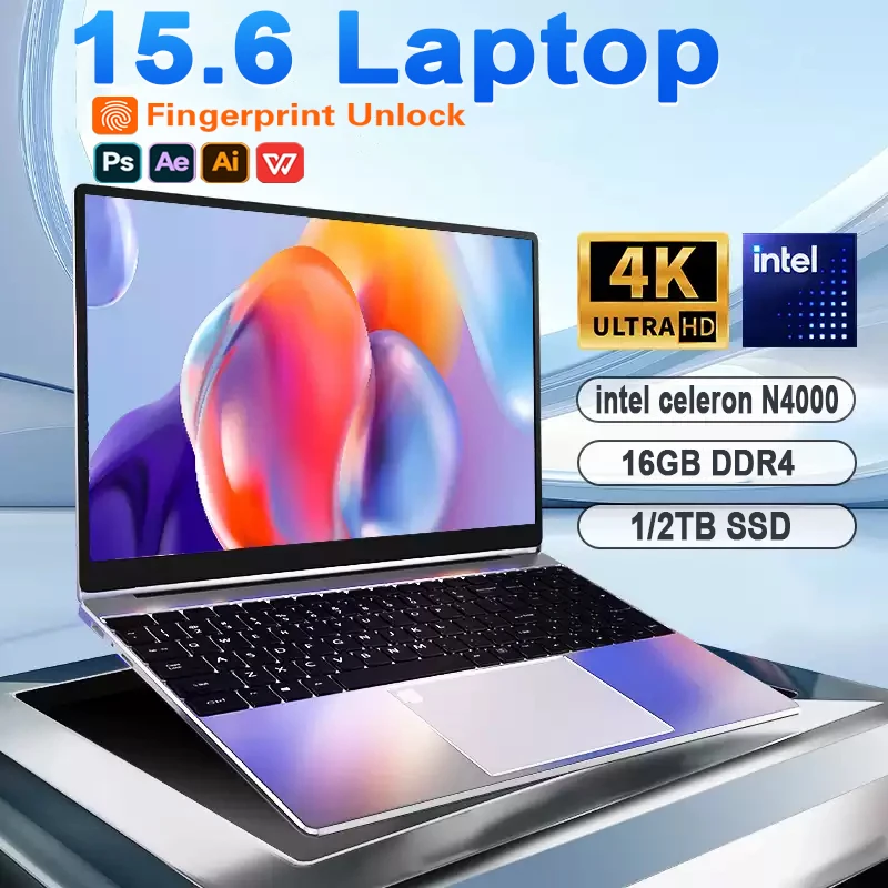 15,6 "Windows 11 portátil desbloqueo de huellas dactilares ordenador portátil intel Celeron N4000 16GB RAM 1/2TB SSD portátil Gamer ordenador PC