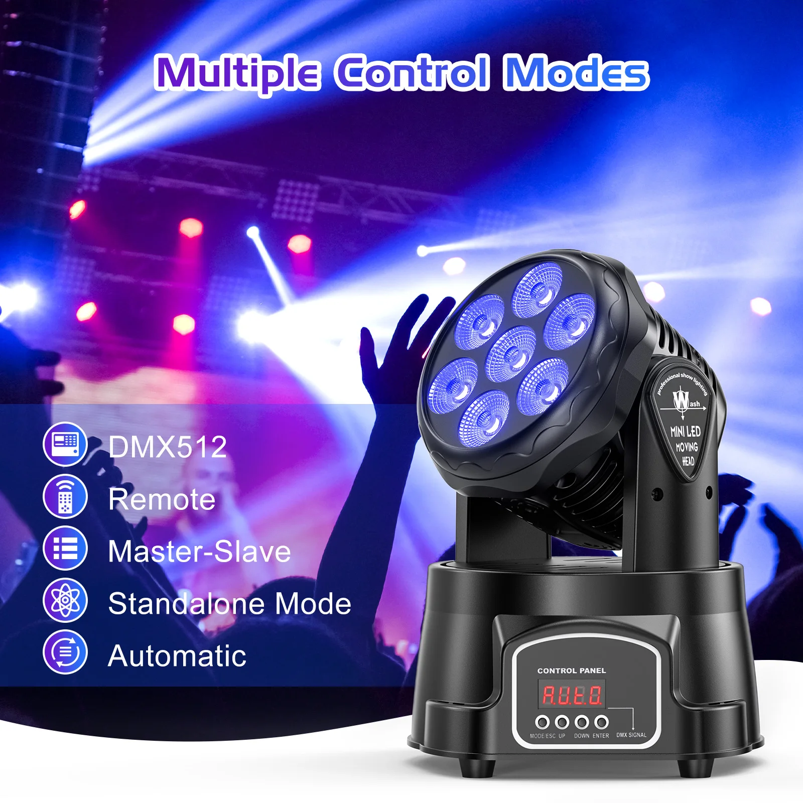 7x15W LED Moving Head Light 4 IN 1 RGBW Professional Stage Effect Wash Light for Disco DJ Party Music Dance Club 9/14CH DMX512