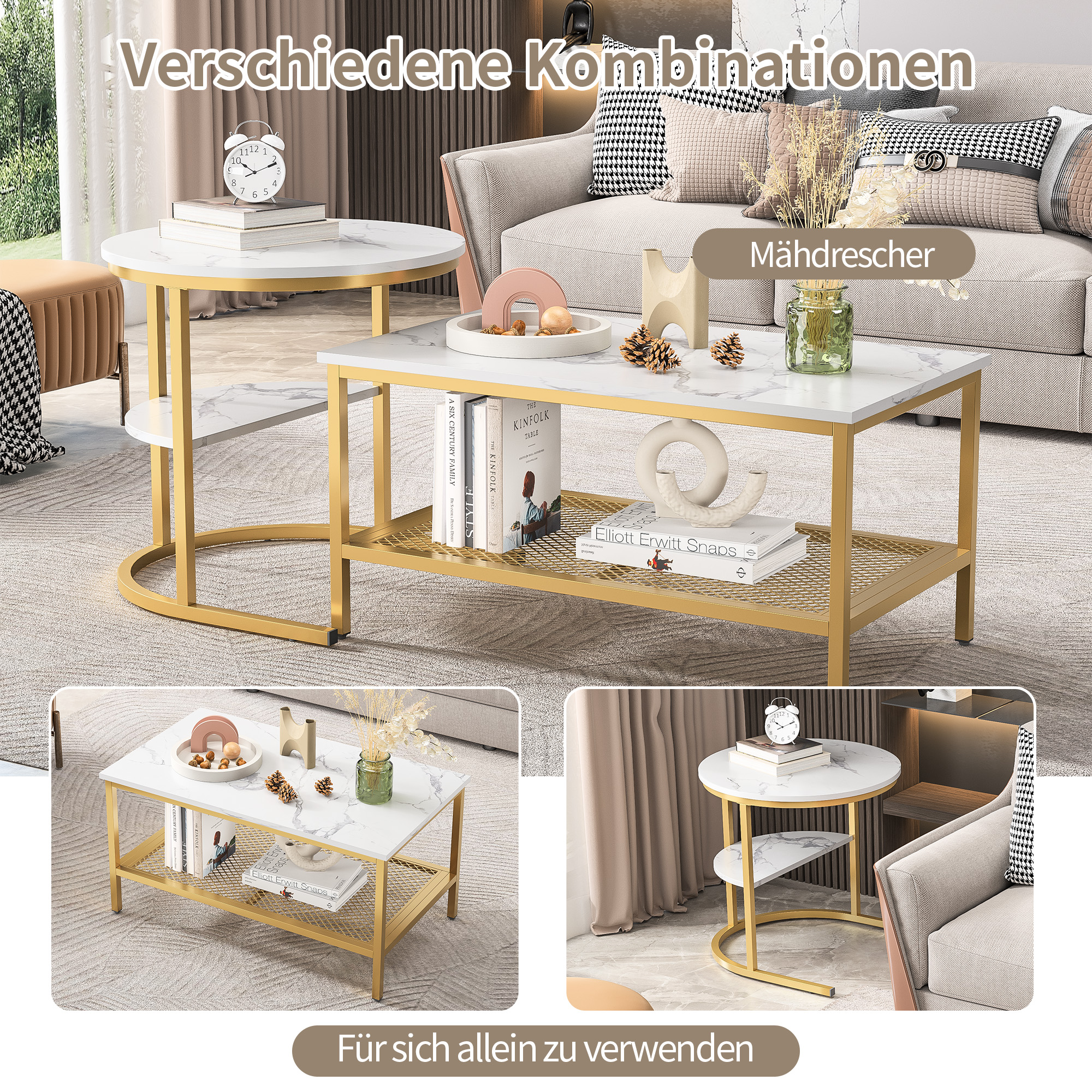 2PCS Modern Nesting Coffee Table, Coffee Table Set Marble Veneer Sofa Side Nest of Tables End Tables,Set of 2,Golden Frame