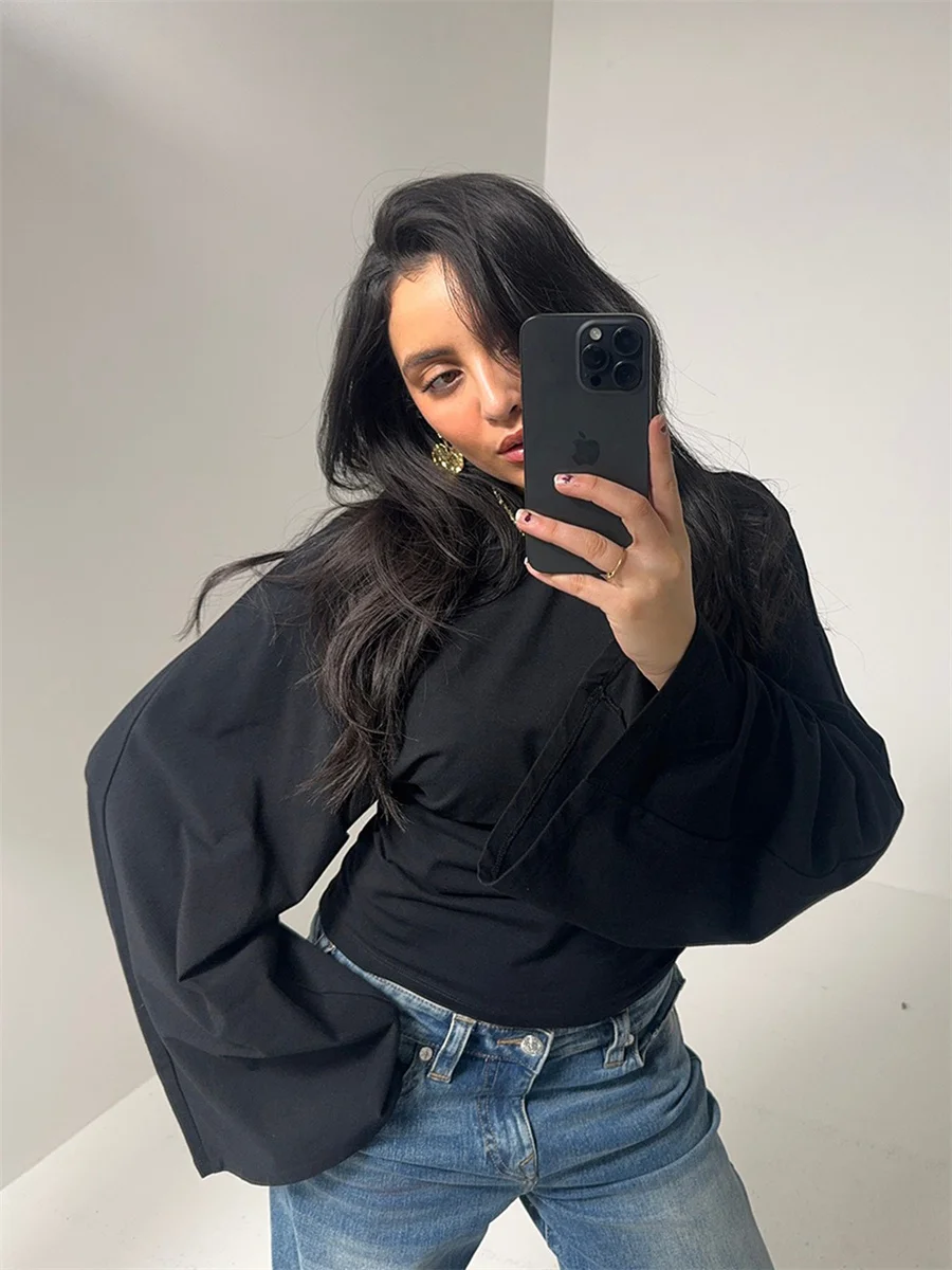 Top corto da donna, tinta unita, girocollo, spalla frontale, maniche lunghe larghe, vita stretta, top corto sottile, casual quotidiano, semplice e versatile